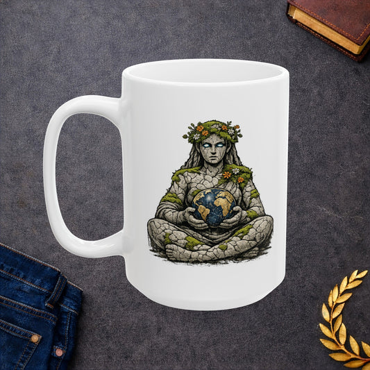 White ceramic mug with an atmospheric illustration of Gaia, the Greek personification of Earth. Depicted as a stone statue sitting cross-legged, her body is covered in patches of green moss and small orange and white flowers. She has glowing white eyes and holds a textured blue and gold globe of the Earth in her hands against a black background. The design features a gritty, ancient, and natural aesthetic.