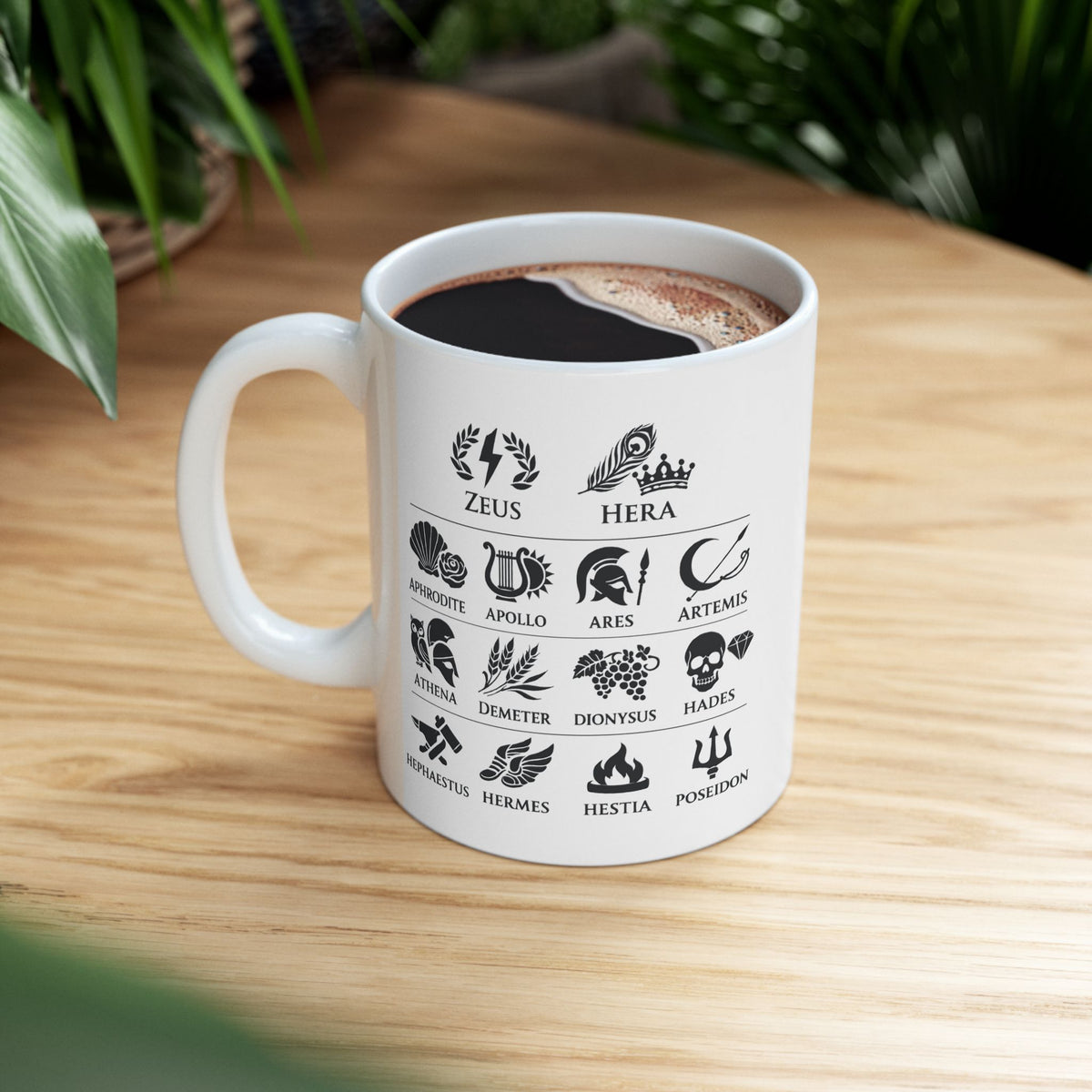 White ceramic mug with a Greek mythology gods icon chart featuring symbolic illustrations for Zeus, Hera, Aphrodite, Apollo, Ares, Artemis, Athena, Demeter, Dionysus, Hades, Hephaestus, Hermes, Hestia, and Poseidon. Black icons include lightning, peacock feather, rose, lyre, helmet, bow, owl, wheat, grapes, skull, anvil, winged sandals, flame, and trident.