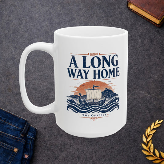 White ceramic mug with a Vintage Greek mythology design inspired by The Odyssey, featuring an ancient Greek ship sailing across rolling blue waves toward a distant island and temple beneath a terracotta sunset. Bold distressed text reads "A Long Way Home," with "The Odyssey" below, symbolizing Odysseus' legendary journey back to Ithaca.