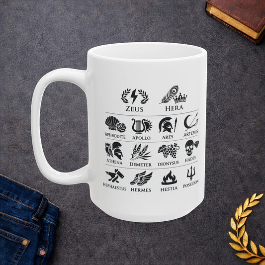 White ceramic mug with a Greek mythology gods icon chart featuring symbolic illustrations for Zeus, Hera, Aphrodite, Apollo, Ares, Artemis, Athena, Demeter, Dionysus, Hades, Hephaestus, Hermes, Hestia, and Poseidon. Black icons include lightning, peacock feather, rose, lyre, helmet, bow, owl, wheat, grapes, skull, anvil, winged sandals, flame, and trident.
