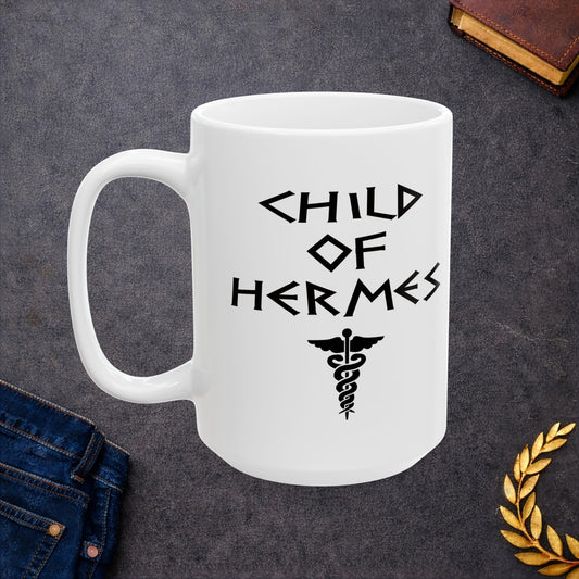 A minimalist black graphic for a white ceramic mug featuring a central caduceus symbol—a winged staff with two snakes entwined around it. Above the symbol, the text "CHILD OF HERMES" is displayed in a sharp, angular font inspired by ancient Greek stone carvings. The entire design is rendered in a clean, high-contrast black outline.