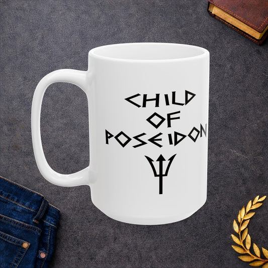 A minimalist black graphic for a white ceramic mug featuring a central silhouette of a trident. Above the trident, the text "SON OF POSEIDON" is written in a sharp, angular font reminiscent of ancient Greek epigraphy. The entire design is rendered in a clean, high-contrast black style.