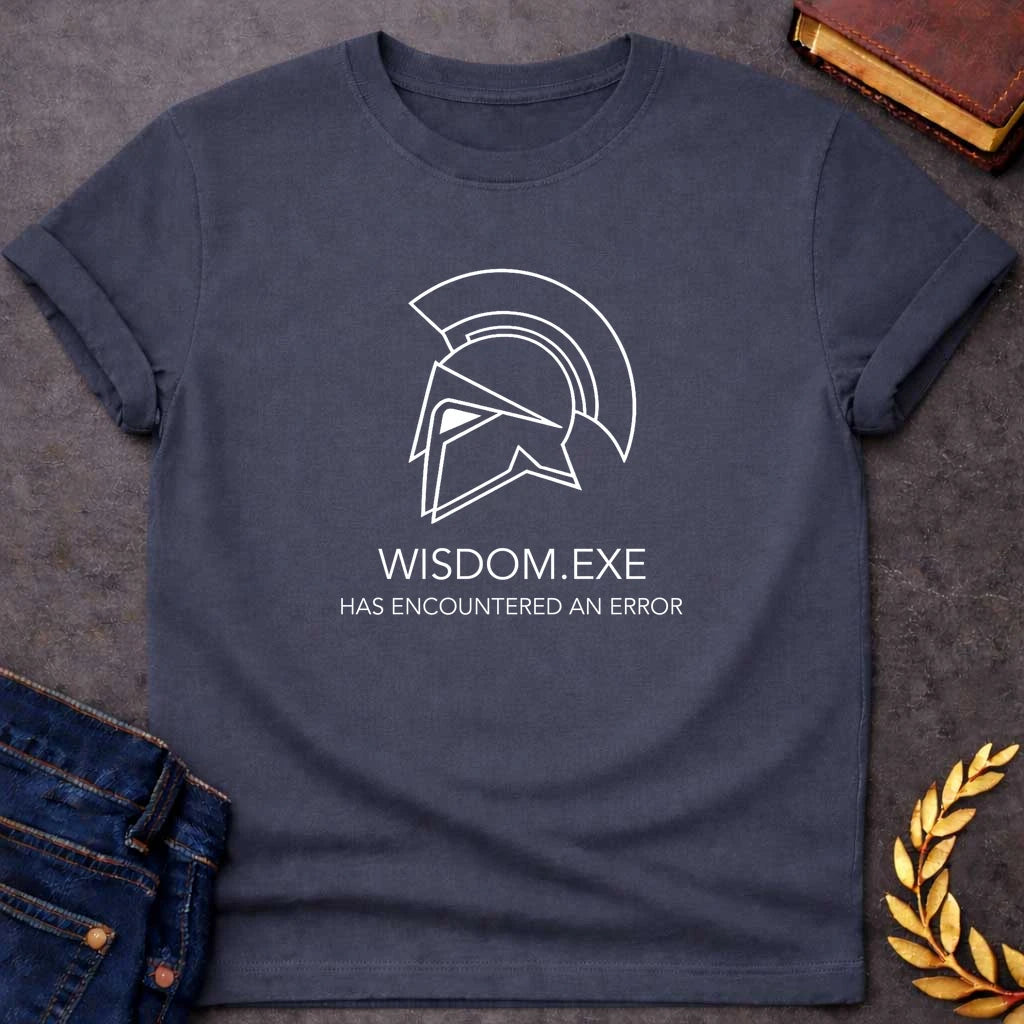 athena wisdom exe has encountered a problem greek mythology adult shirt featuring owl, laurel wreath, wisdom symbolism in vintage Greek mythology design