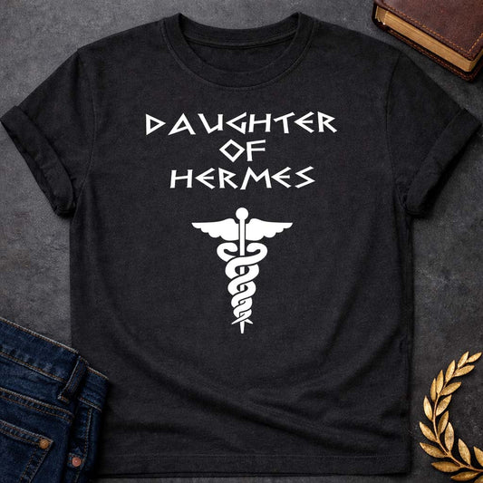 daughter of hermes unisex softstyle adult t shirt featuring detailed Greek mythology artwork, symbolic design, and bold graphic style