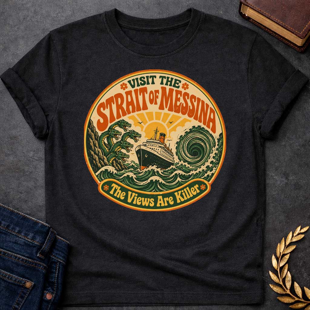 Black t-shirt with A retro 70s travel-poster style design. Inside a circular badge with a warm sunset, a vintage ocean liner sails between six-headed serpent Scylla and a swirling green whirlpool. Arched bold orange text reads "VISIT THE STRAIT OF MESSINA" at the top, while a bottom banner reads "The Views Are Killer" flanked by small flower icons in a distressed groovy aesthetic.
