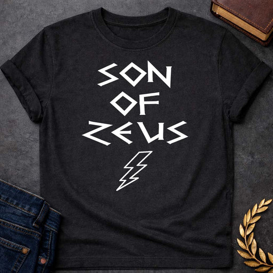son of zeus greek mythology unisex softstyle adult t shirt featuring lightning bolt, sky god power symbolism in bold Greek mythology design