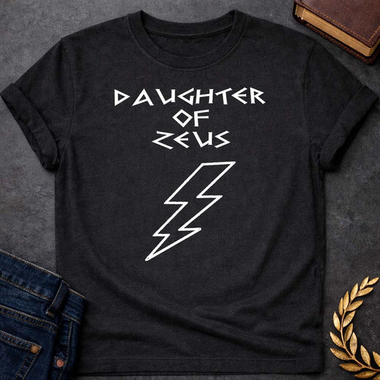 daughter of zeus unisex softstyle adult t shirt featuring lightning bolt, sky god power symbolism in bold Greek mythology design