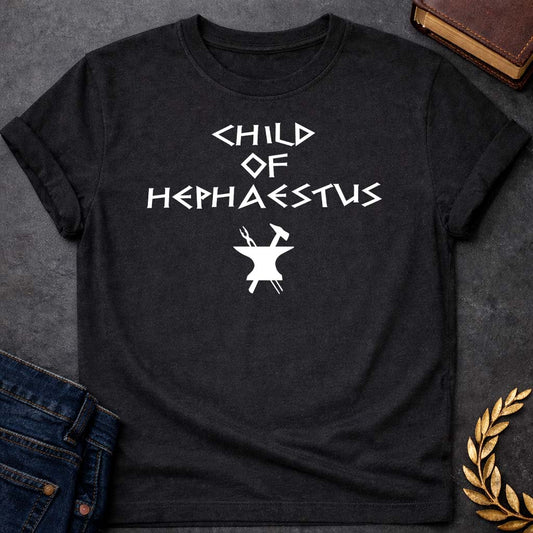 child of hephaestus greek mythology unisex softstyle adult t shirt featuring blacksmith hammer, forge sparks, fire god symbolism in industrial mythology design