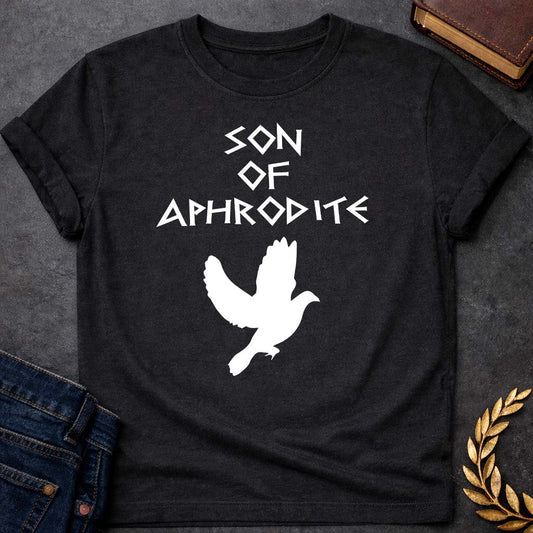 Son of Aphrodite Greek Mythology Adult T-Shirt featuring detailed Greek mythology artwork, symbolic design, and bold graphic style
