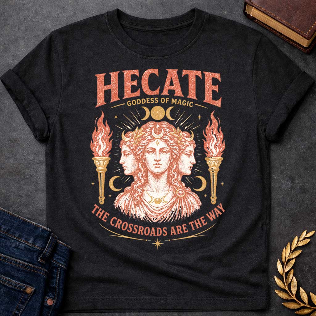 Black t-shirt with a Vintage Hecate Greek mythology shirt featuring the triple-formed Goddess of Magic surrounded by crescent moons, stars, radiant celestial details, and flaming torches. Distressed coral and gold artwork includes the bold text “Hecate Goddess of Magic” and “The Crossroads Are the Way,” inspired by her connection to magic and crossroads.