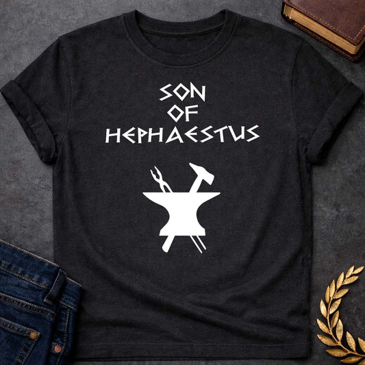 son of hephaestus greek mythology unisex softstyle adult t shirt featuring blacksmith hammer, forge sparks, fire god symbolism in industrial mythology design