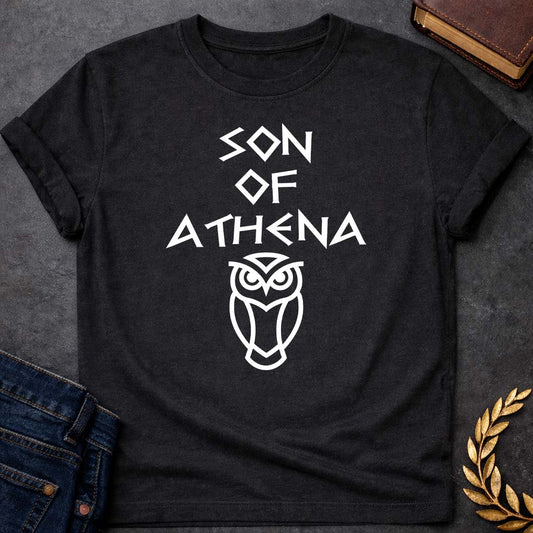 son of athena greek mythology unisex softstyle adult t shirt featuring owl, laurel wreath, wisdom symbolism in vintage Greek mythology design