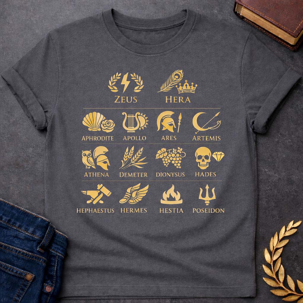 the olympian gods greek mythology youth t shirt featuring detailed Greek mythology artwork, symbolic design, and bold graphic style