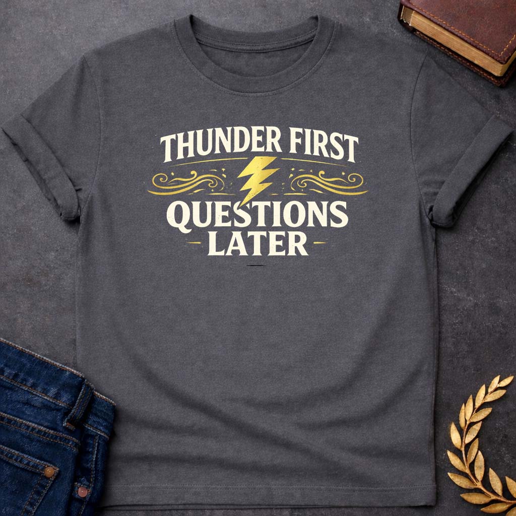 zeus thunder first questions later gym greek mythology youth t shirt featuring lightning bolt, sky god power symbolism in bold Greek mythology design