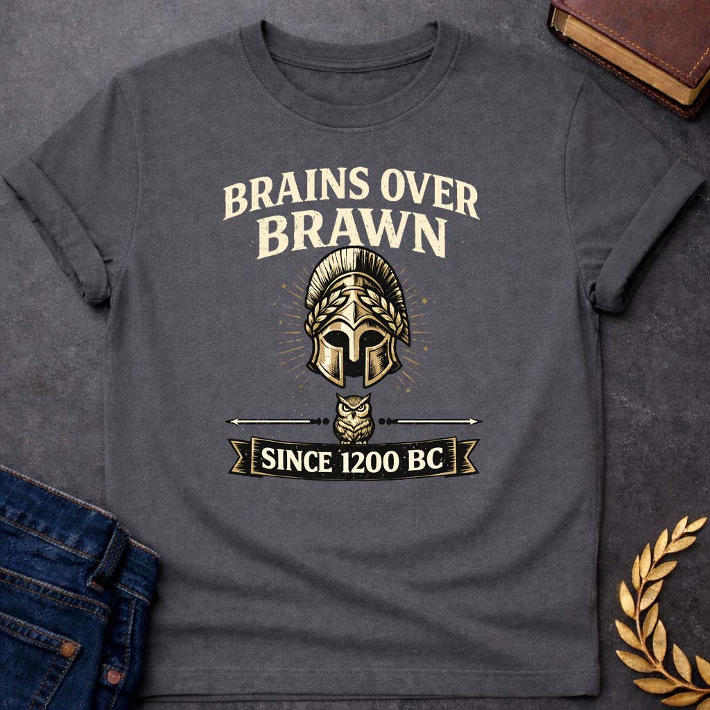 athena brains over brawn greek mythology adult t shirt featuring owl, laurel wreath, wisdom symbolism in vintage Greek mythology design
