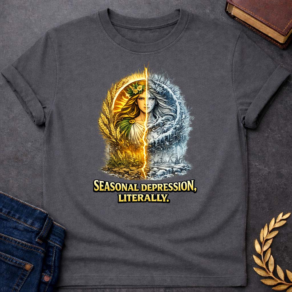 demeter seasonal depression greek mythology youth t shirt featuring detailed Greek mythology artwork, symbolic design, and bold graphic style