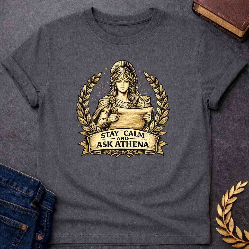 athena stay calm and ask athena greek mythology youth t shirt featuring owl, laurel wreath, wisdom symbolism in vintage Greek mythology design