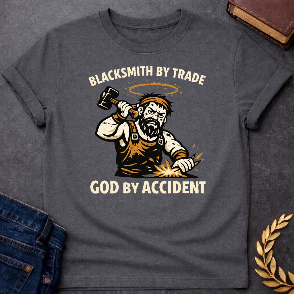 hephaestus blacksmith by trade god by accident greek mythology youth t shirt 1 featuring blacksmith hammer, forge sparks, fire god symbolism in industrial mythology design