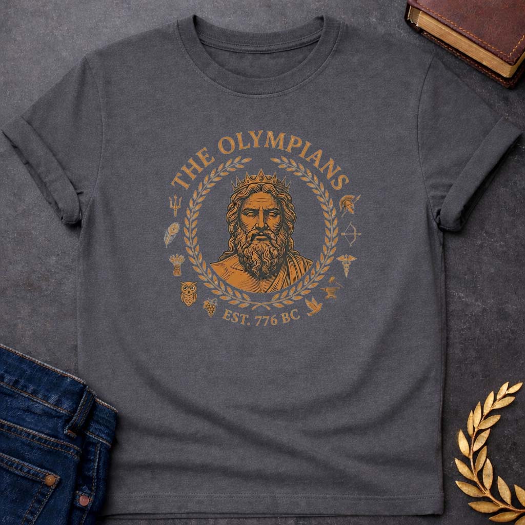 the olympians greek mythology adult t shirt featuring detailed Greek mythology artwork, symbolic design, and bold graphic style