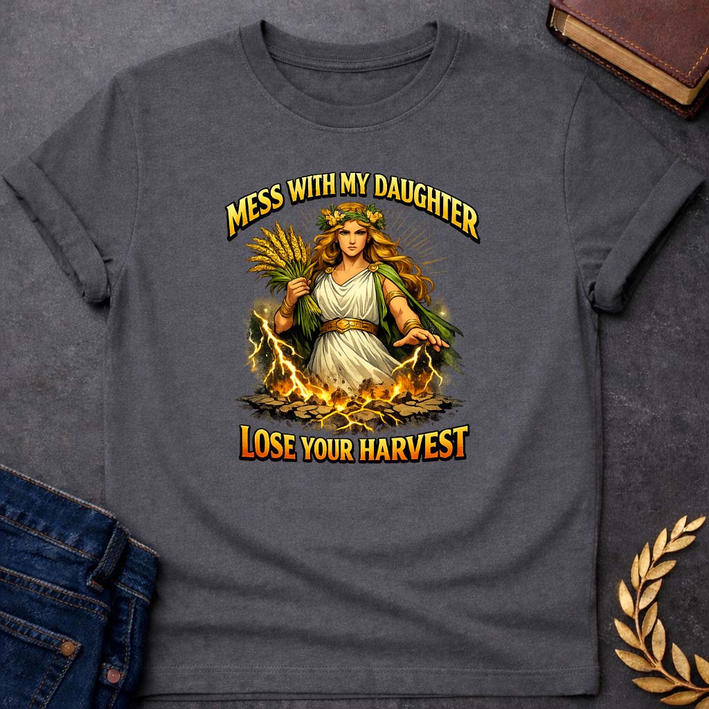 demeter mess with my daughter greek mythology youth t shirt featuring detailed Greek mythology artwork, symbolic design, and bold graphic style