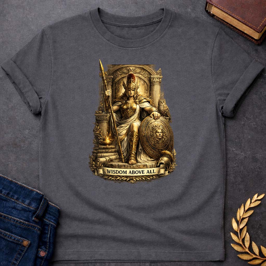 athena wisdom above all greek mythology kids heavy cotton™ tee featuring owl, laurel wreath, wisdom symbolism in vintage Greek mythology design