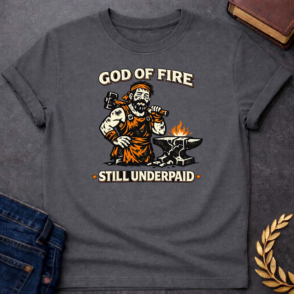 hephaestus god of fire still underpaid greek mythology youth t shirt featuring blacksmith hammer, forge sparks, fire god symbolism in industrial mythology design