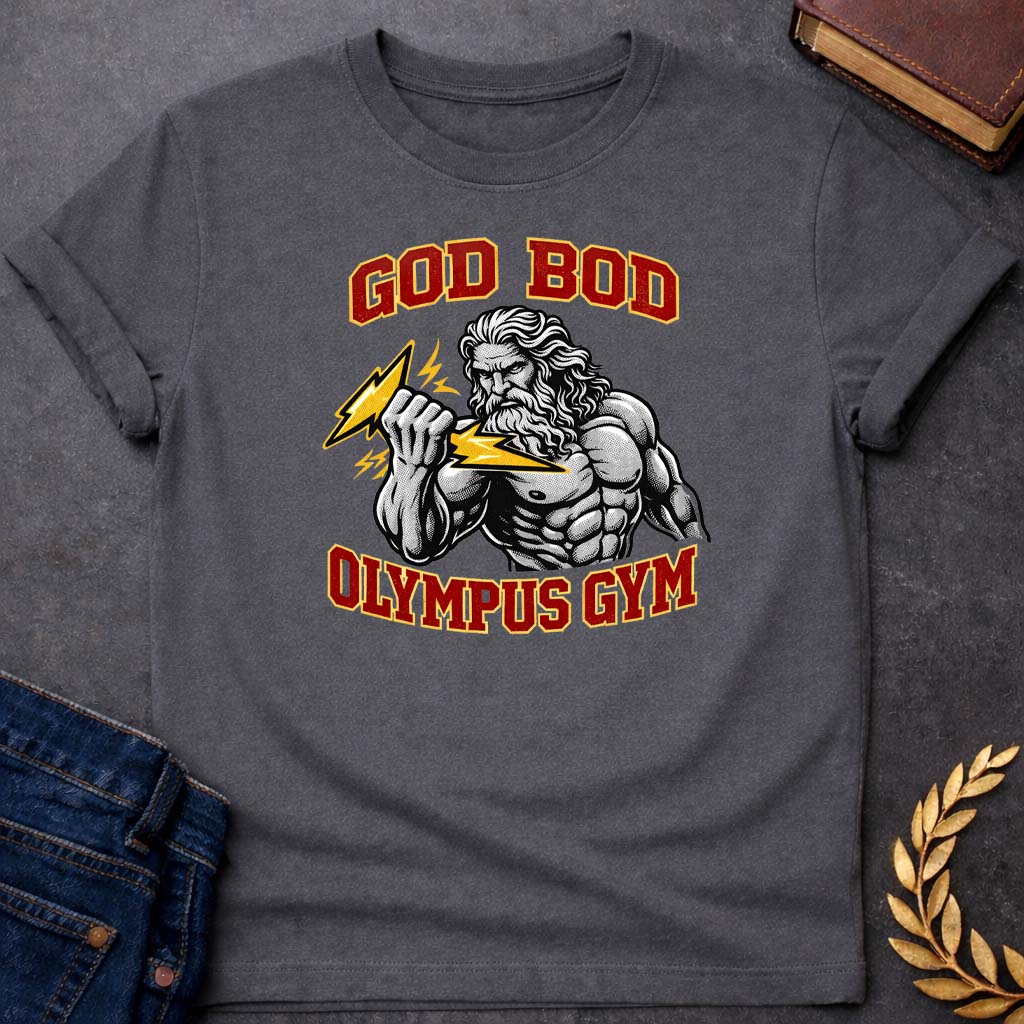 zeus god bod olympus gym greek mythology youth t shirt featuring lightning bolt, sky god power symbolism in bold Greek mythology design
