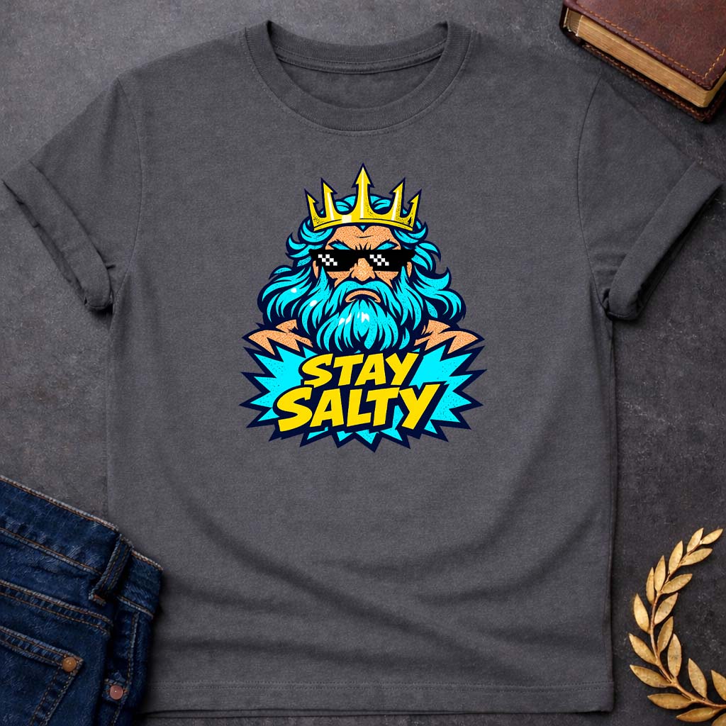 poseidon stay salty greek mythology youth t shirt 1 featuring trident, ocean waves, sea god symbolism in Greek mythology design
