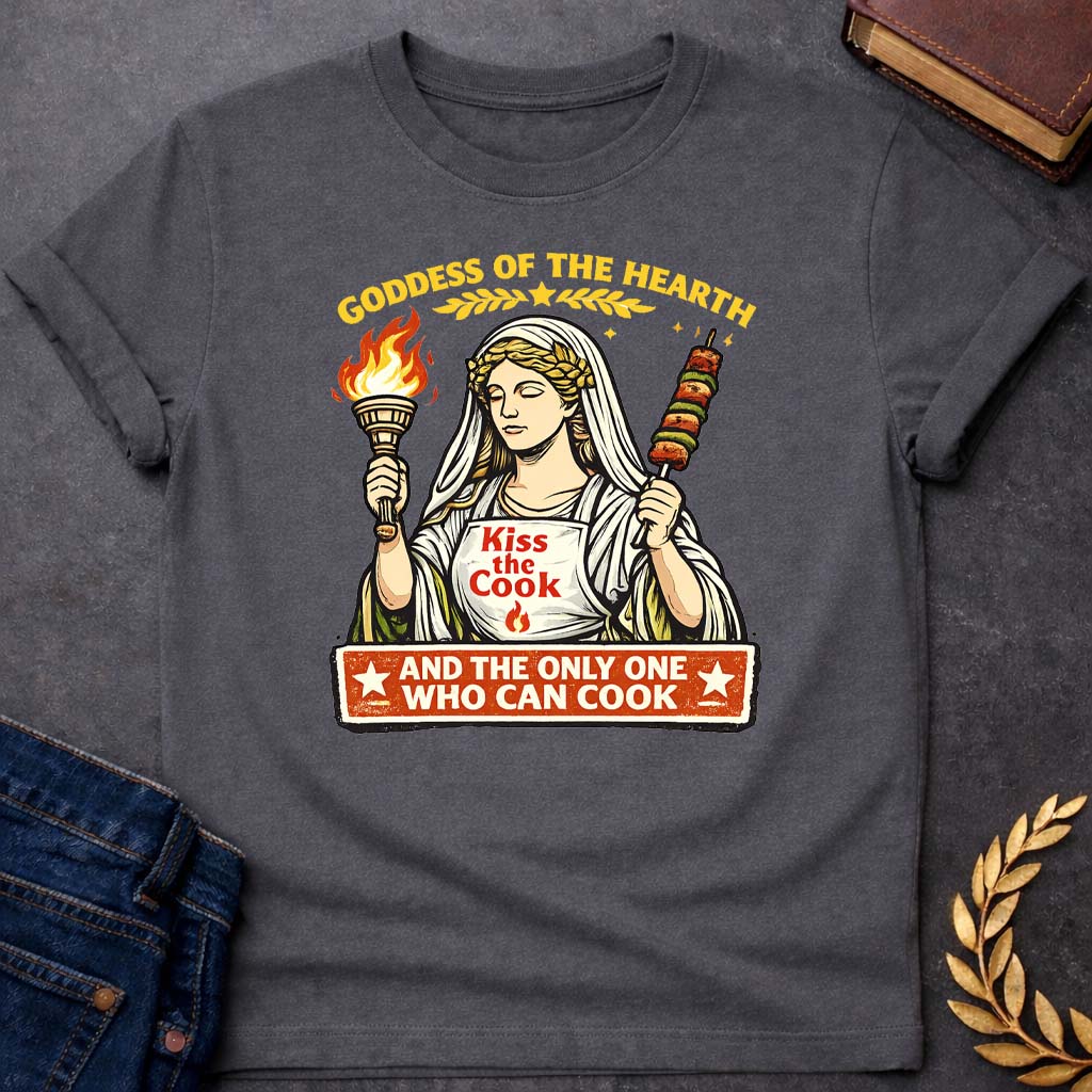 hestia goddess of the hearth greek mythology youth t shirt featuring detailed Greek mythology artwork, symbolic design, and bold graphic style