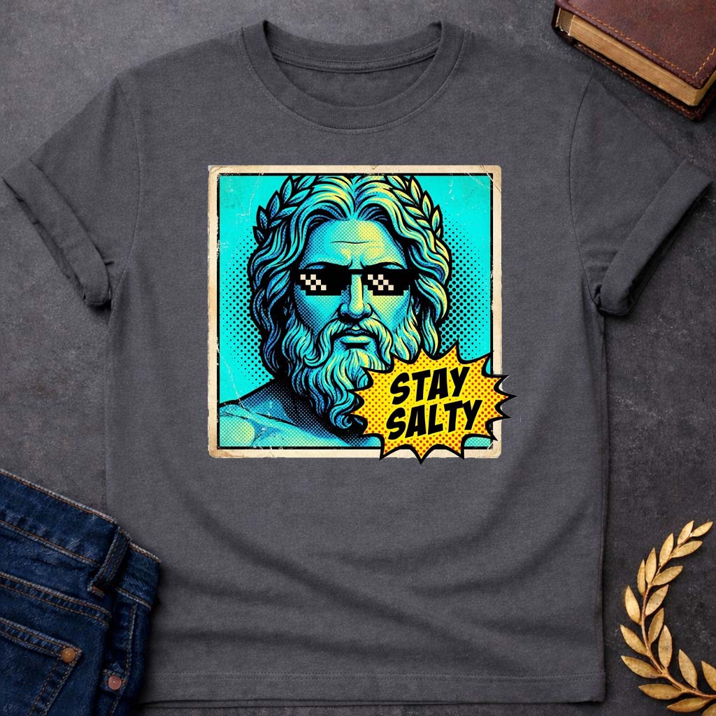 poseidon stay salty greek mythology youth t shirt featuring trident, ocean waves, sea god symbolism in Greek mythology design
