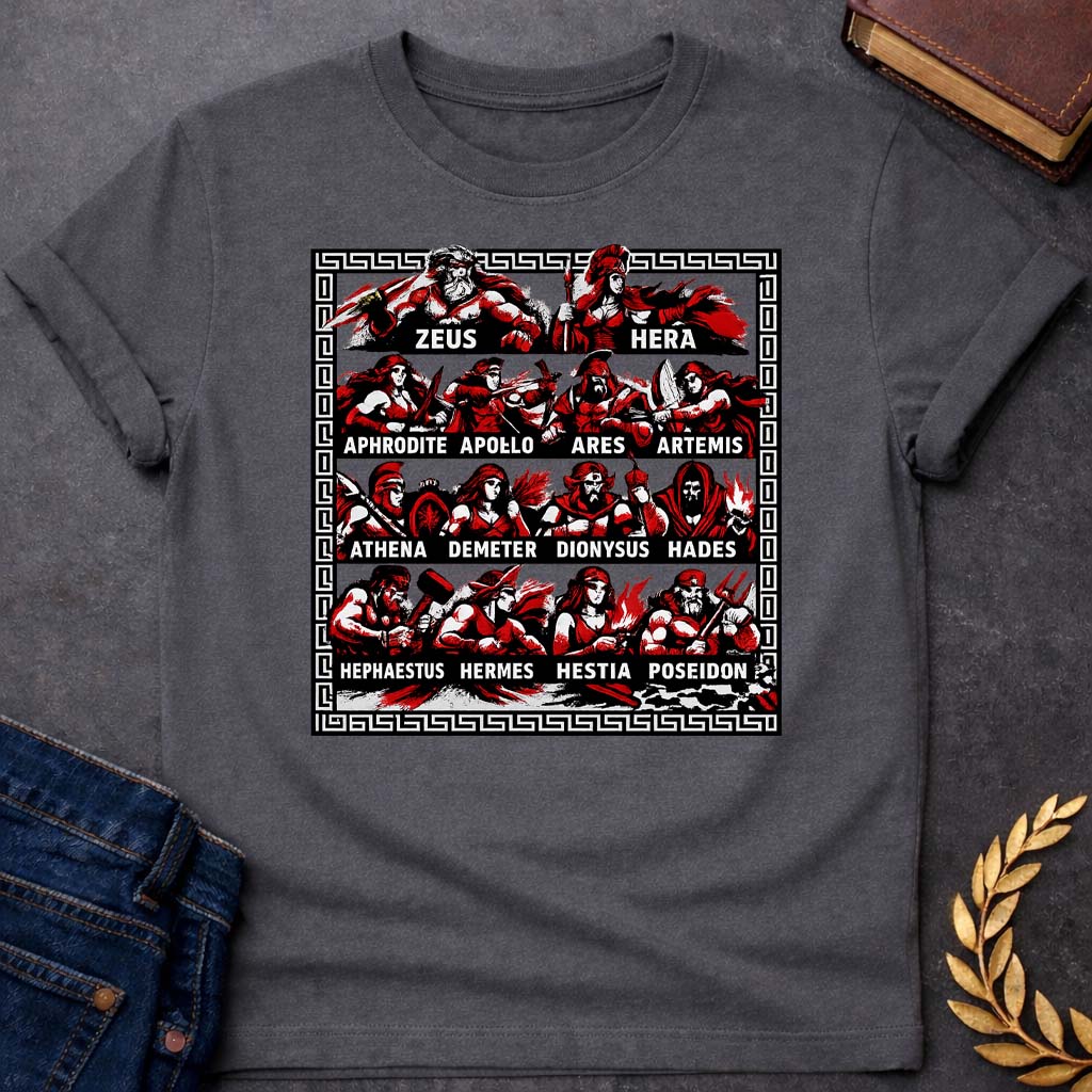 the olympian gods battle mode greek mythology adult t shirt featuring detailed Greek mythology artwork, symbolic design, and bold graphic style