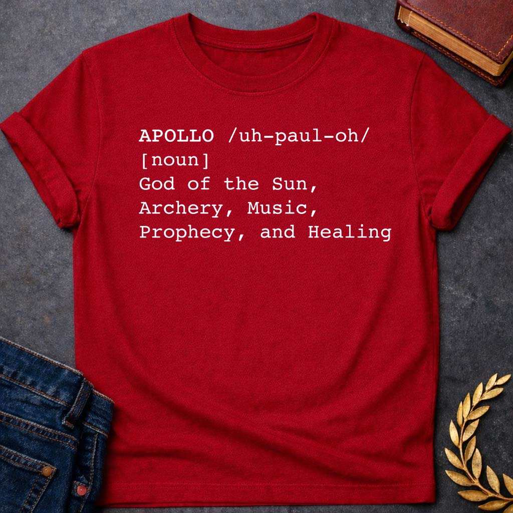 apollo dictionary definition greek mythology unisex softstyle adult t shirt featuring detailed Greek mythology artwork, symbolic design, and bold graphic style
