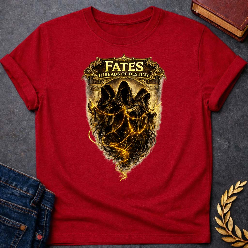 fates threads of destiny greek mythology unisex softstyle t shirt featuring detailed Greek mythology artwork, symbolic design, and bold graphic style