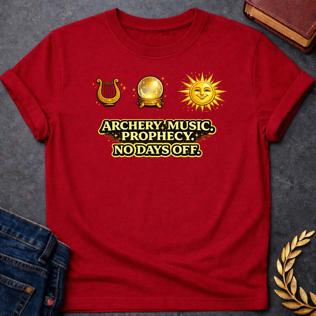 apollo archery music prophecy no days off greek mythology unisex softstyle adult t shirt featuring detailed Greek mythology artwork, symbolic design, and bold graphic style