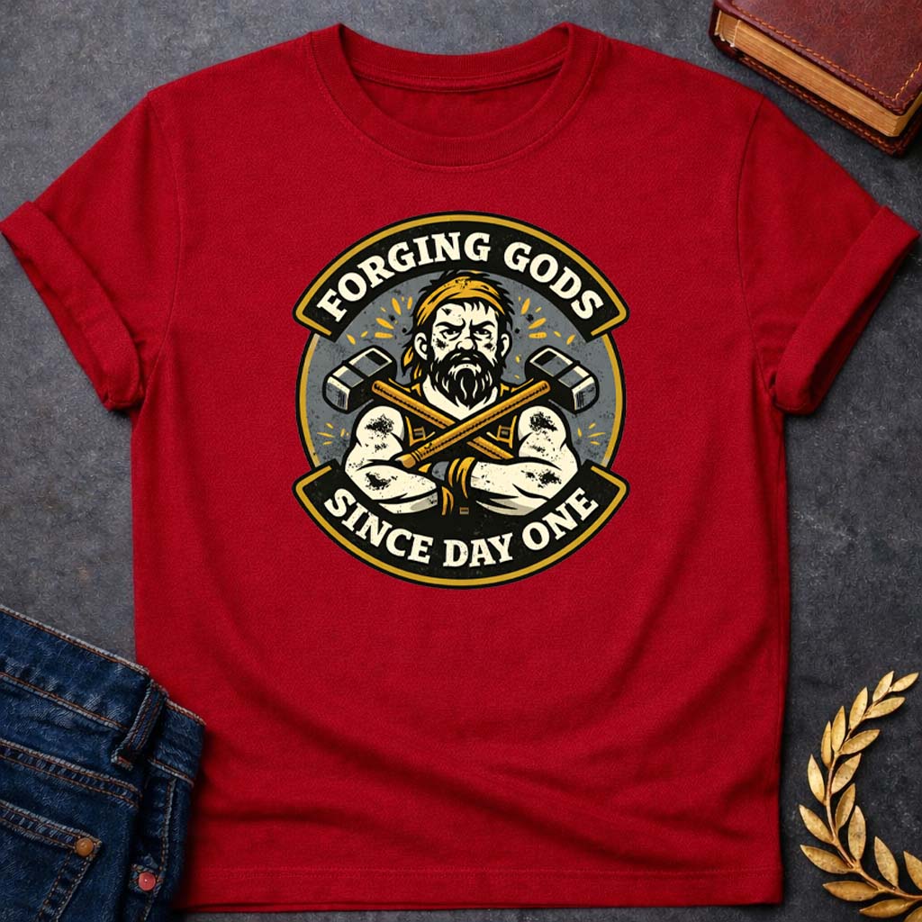 hephaestus forging gods since day one greek mythology adult t shirt featuring blacksmith hammer, forge sparks, fire god symbolism in industrial mythology design