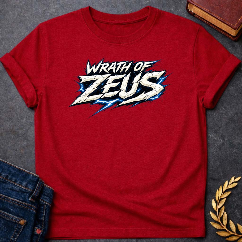 zeus wrath of zeus greek mythology youth t shirt featuring lightning bolt, sky god power symbolism in bold Greek mythology design