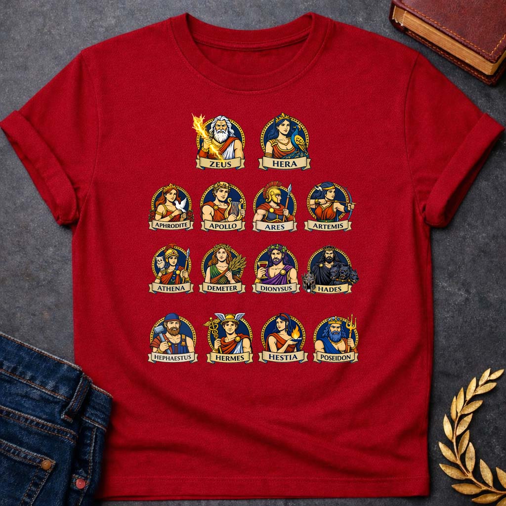 the olympians portraits greek mythology adult t shirt featuring detailed Greek mythology artwork, symbolic design, and bold graphic style