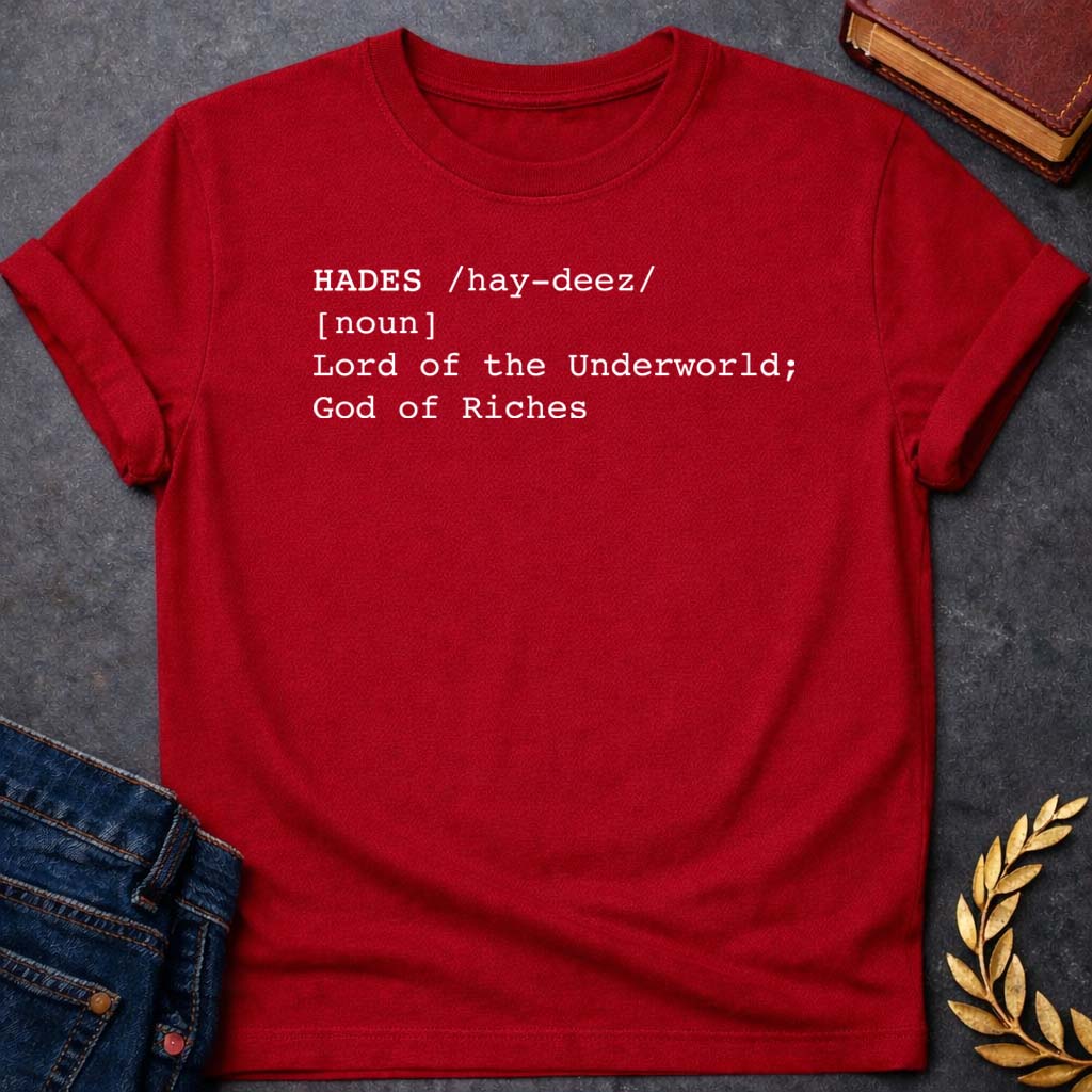 hades dictionary definition greek mythology unisex softstyle adult t shirt featuring underworld king, skull motifs, dark Greek mythology design