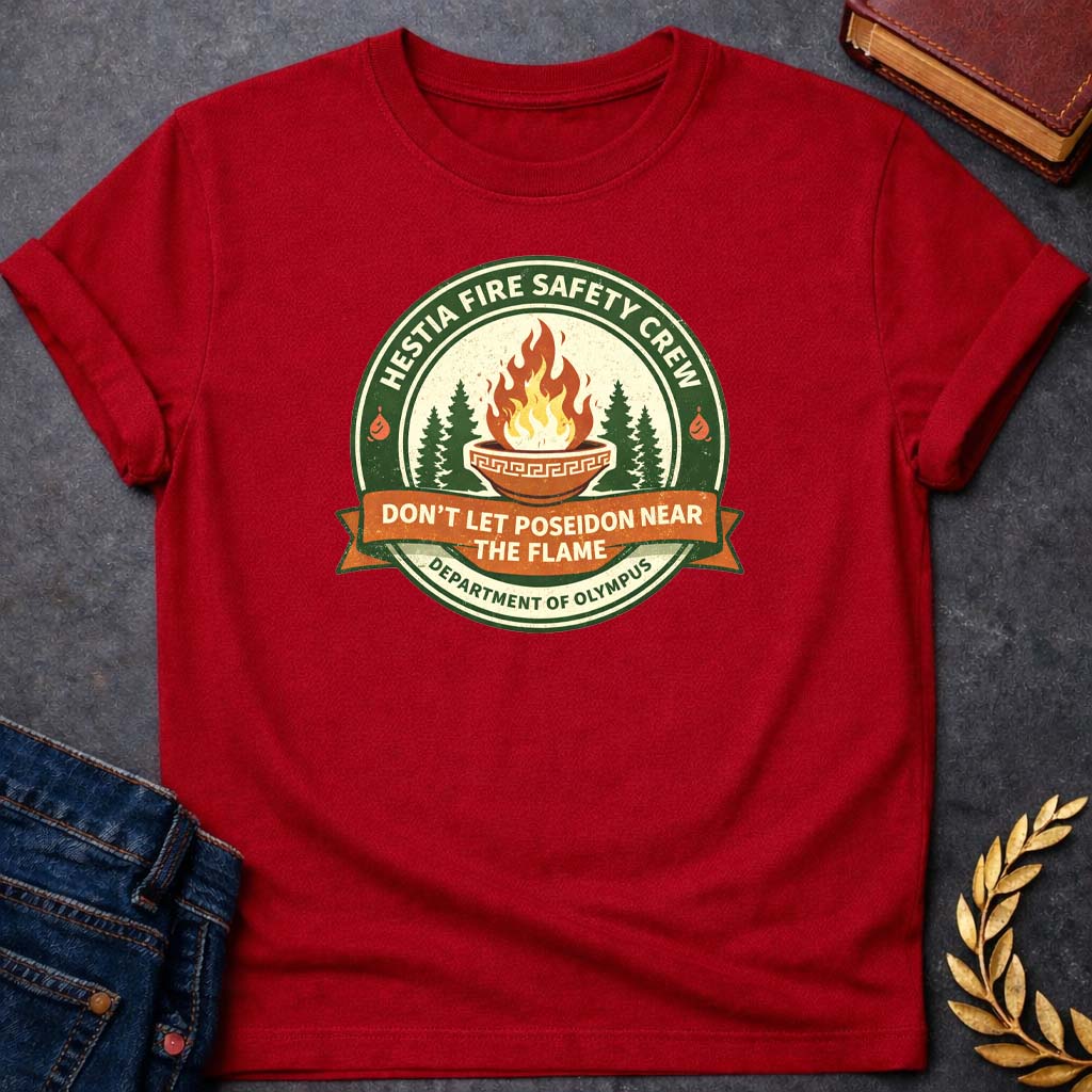 hestia fire safety crew greek mythology youth t shirt featuring detailed Greek mythology artwork, symbolic design, and bold graphic style