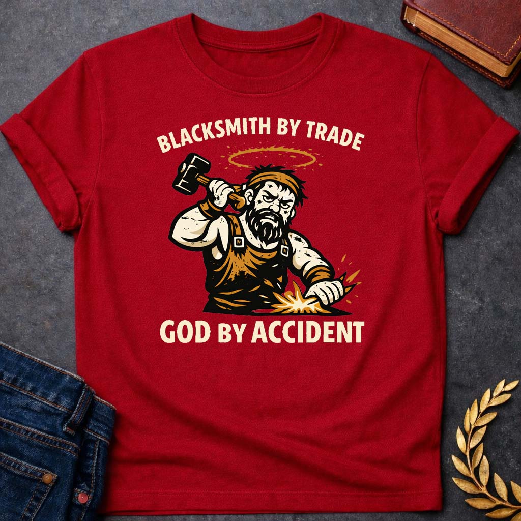 hephaestus blacksmith by trade god by accident greek mythology youth t shirt 1 featuring blacksmith hammer, forge sparks, fire god symbolism in industrial mythology design