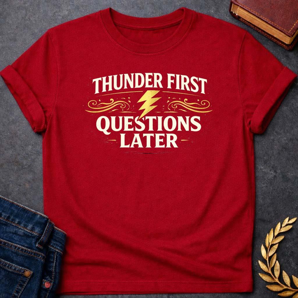 zeus thunder first questions later gym greek mythology youth t shirt featuring lightning bolt, sky god power symbolism in bold Greek mythology design