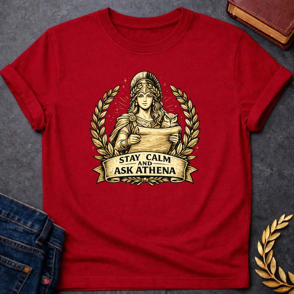 athena stay calm and ask athena greek mythology youth t shirt featuring owl, laurel wreath, wisdom symbolism in vintage Greek mythology design