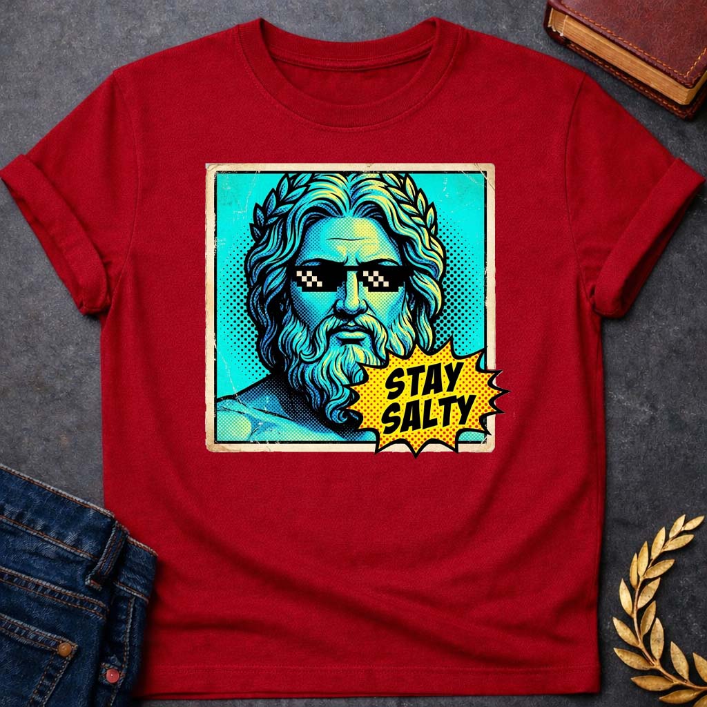 poseidon stay salty greek mythology youth t shirt featuring trident, ocean waves, sea god symbolism in Greek mythology design