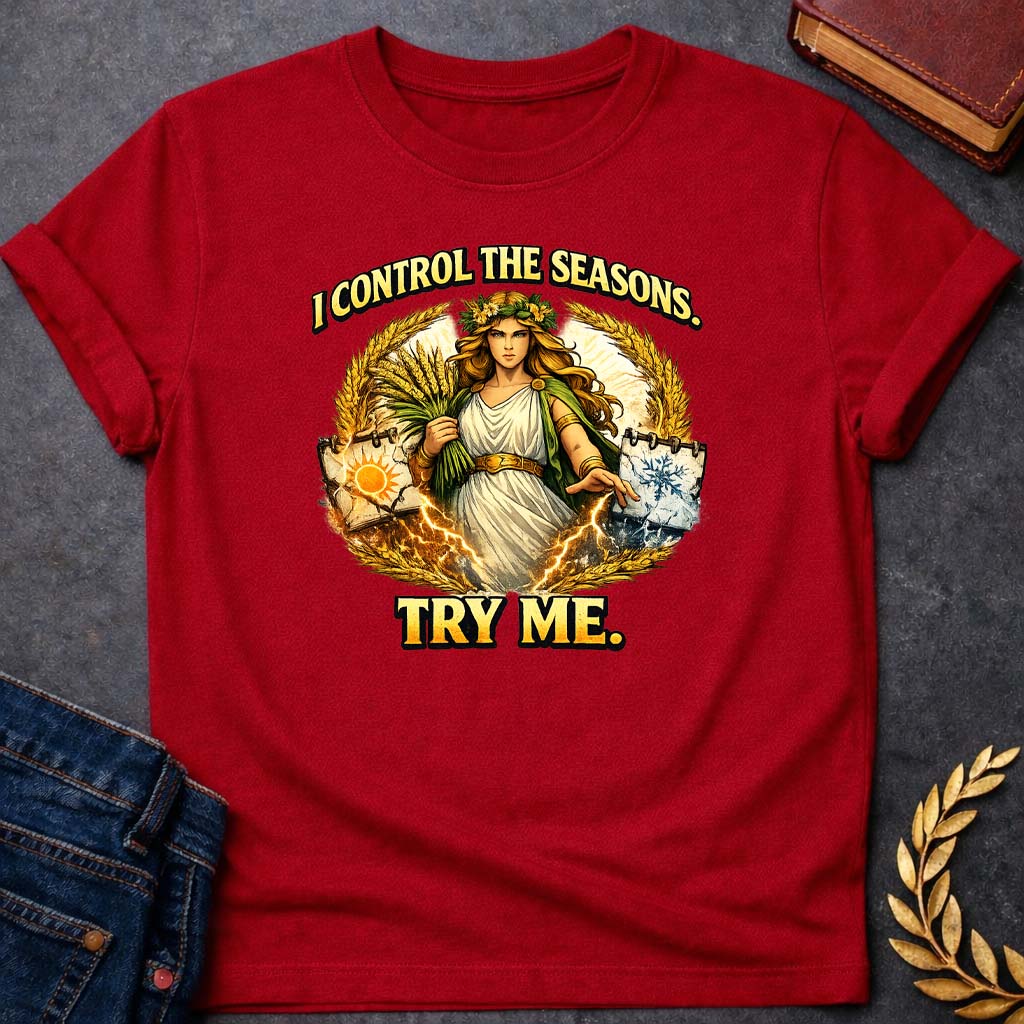 demeter i control the seasons greek mythology youth t shirt featuring detailed Greek mythology artwork, symbolic design, and bold graphic style