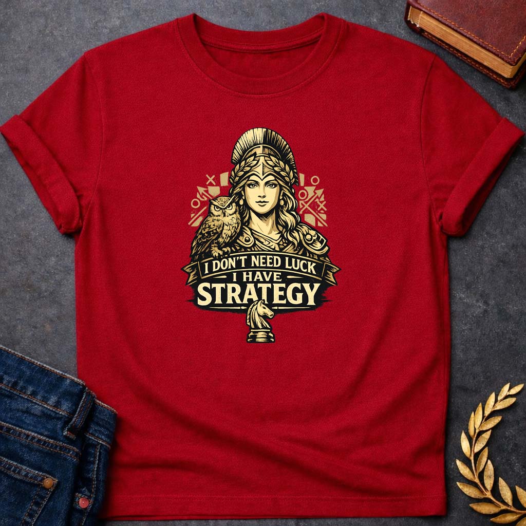 athena i dont need luck i have strategy greek mythology youth t shirt featuring owl, laurel wreath, wisdom symbolism in vintage Greek mythology design