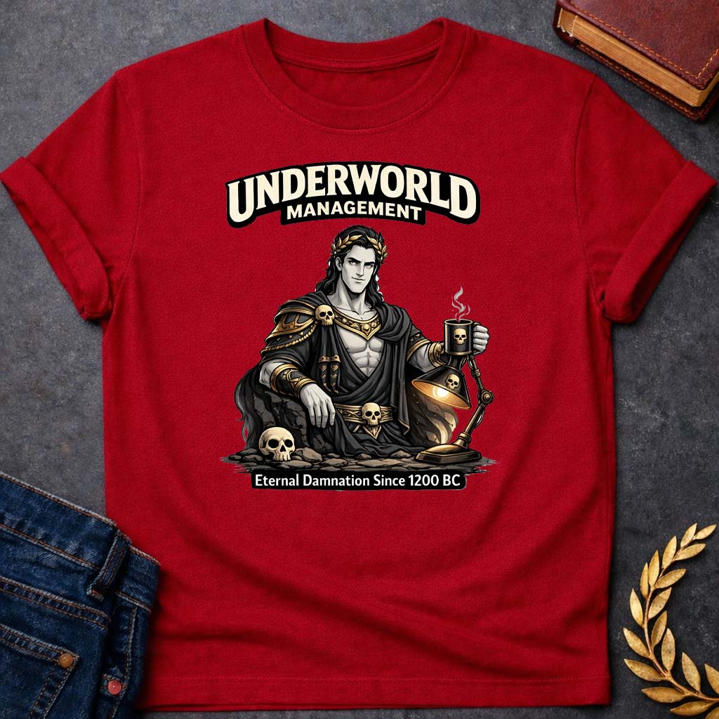 hades underworld management greek mythology adult t shirt featuring underworld king, skull motifs, dark Greek mythology design