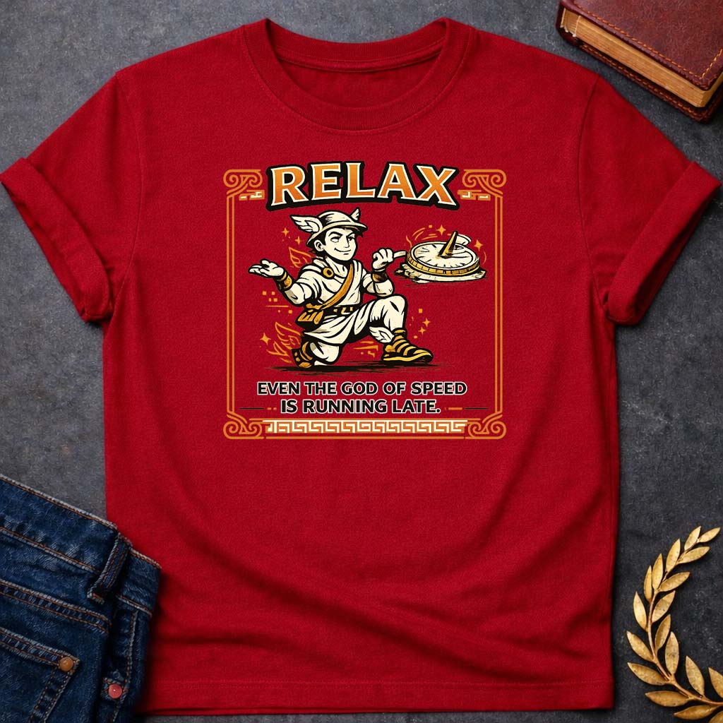 hermes relax even the god of speed is running late greek mythology youth t shirt featuring detailed Greek mythology artwork, symbolic design, and bold graphic style