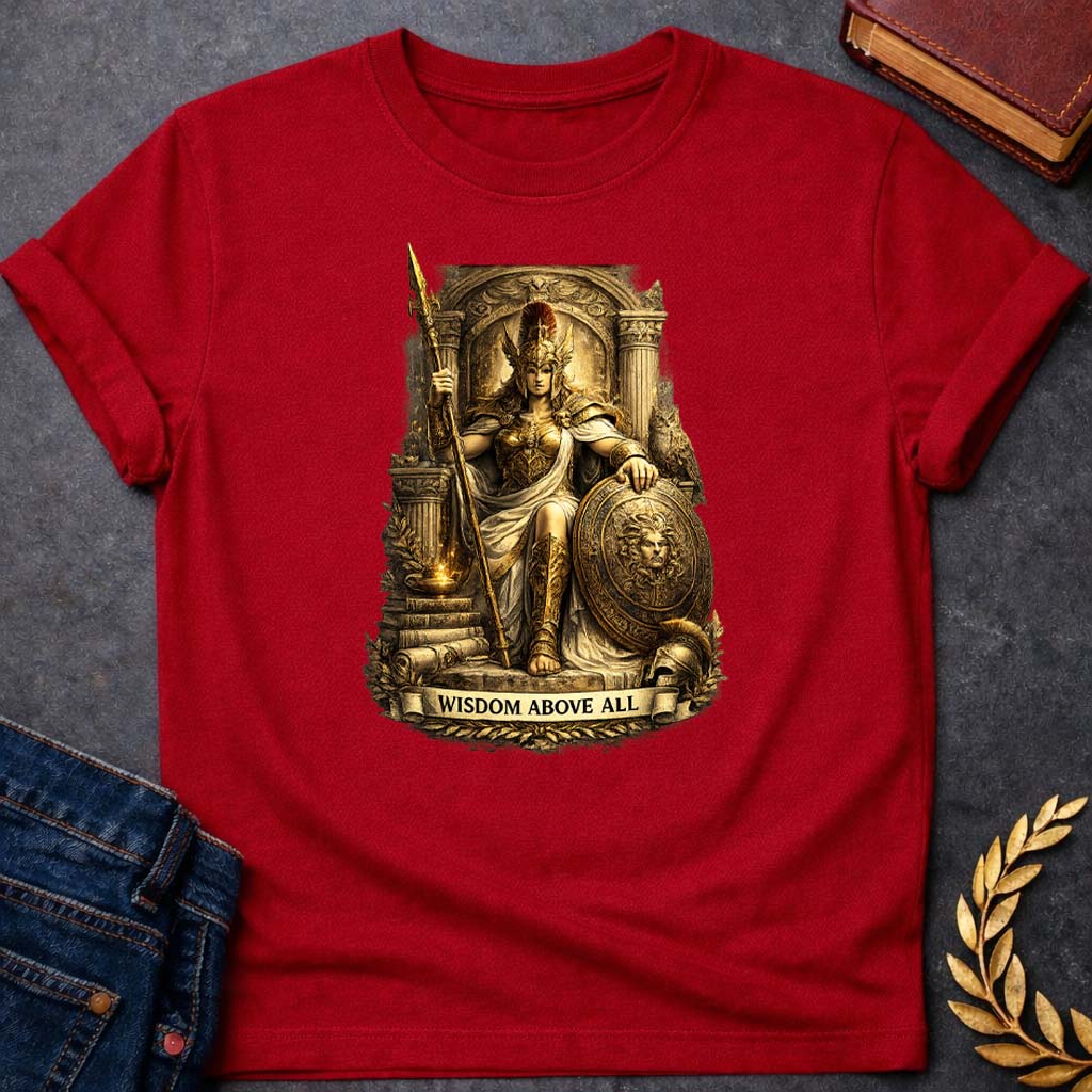 athena wisdom above all greek mythology unisex softstyle t shirt featuring owl, laurel wreath, wisdom symbolism in vintage Greek mythology design