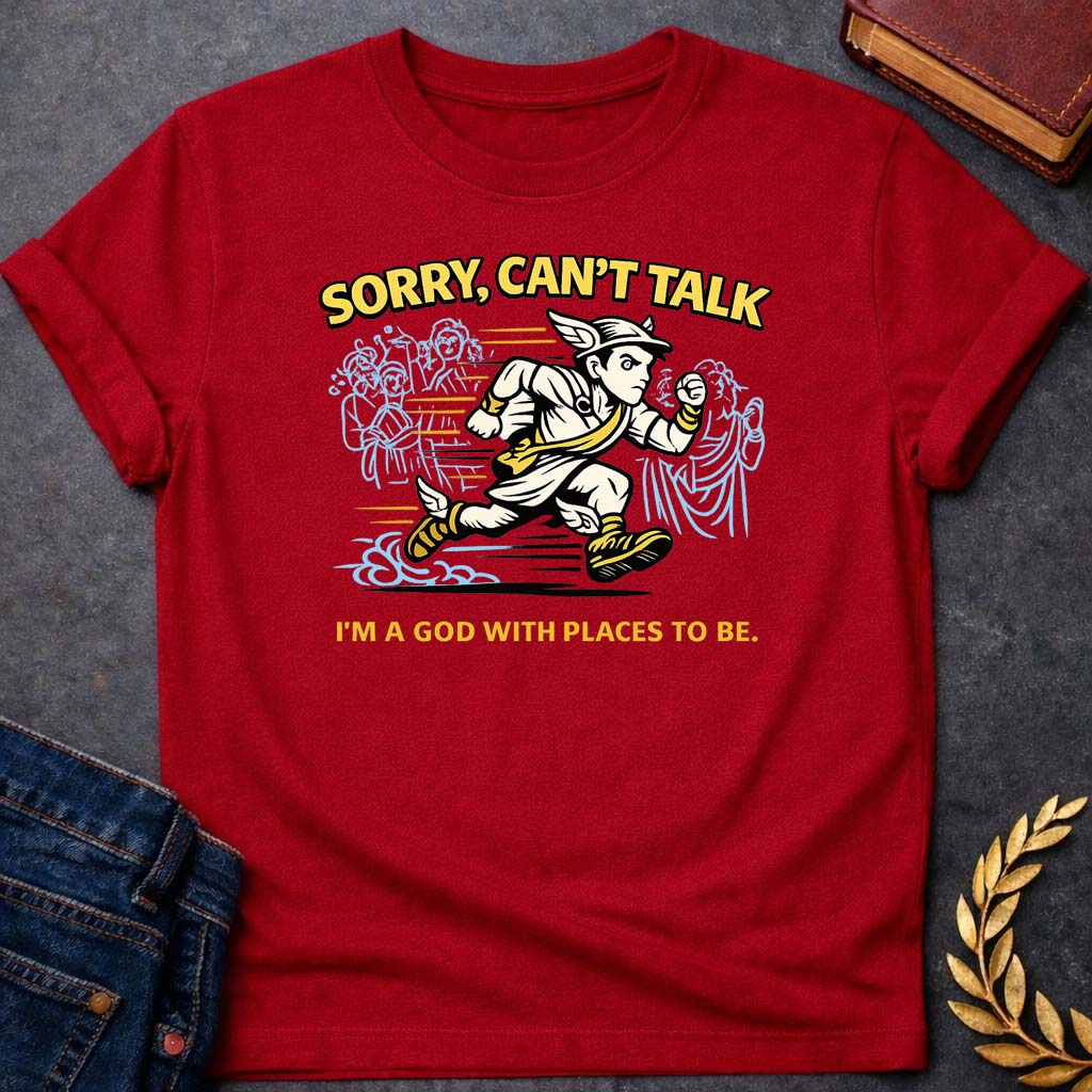 hermes sorry cant talk greek mythology youth t shirt featuring detailed Greek mythology artwork, symbolic design, and bold graphic style