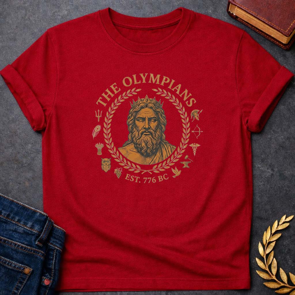 the olympians greek mythology adult t shirt featuring detailed Greek mythology artwork, symbolic design, and bold graphic style